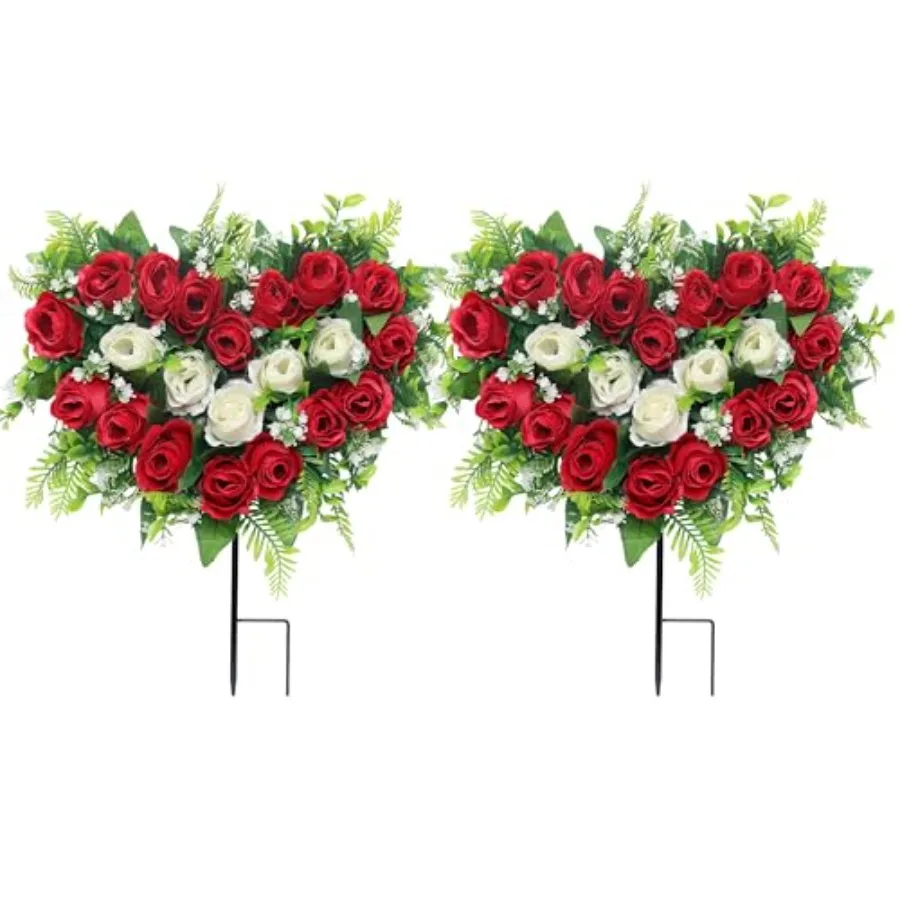 

2 комплекта искусственных цветов для кладбища, цветы для мемориальных могил с кольцом-держателем, венки в форме сердца, розы для искусственных композиций