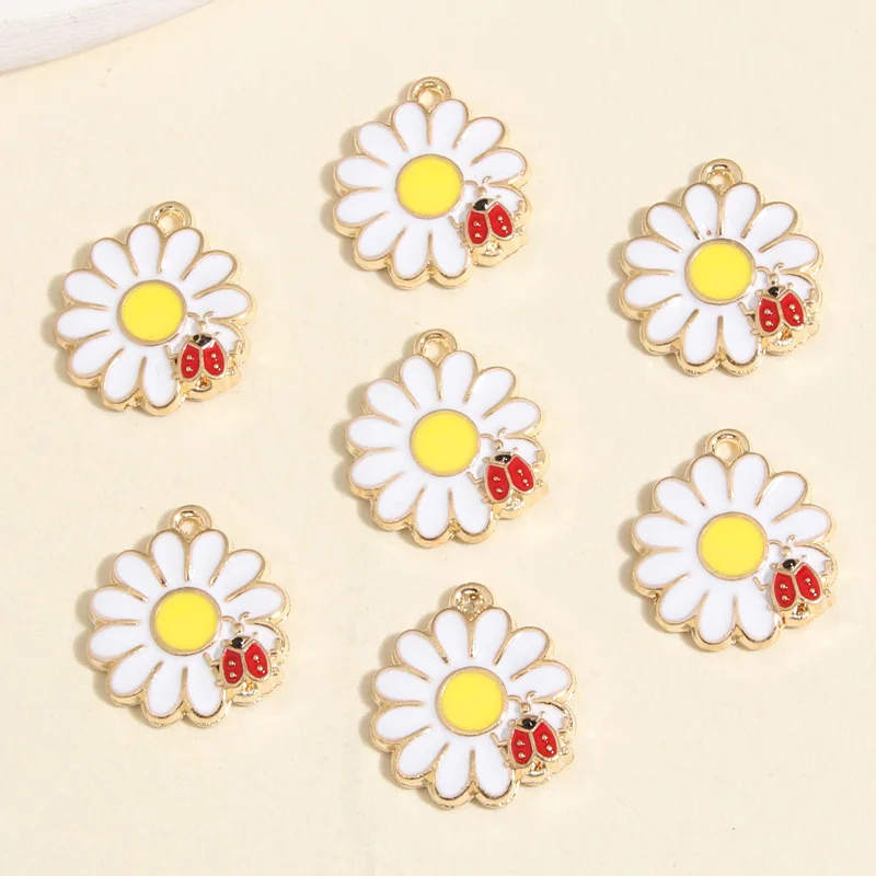 10pcs Gold Color 18x16mm Cute Flower Ladybug Charms Enamel Pendant Fit Necklaces Earrings Jewelry Making Handcrafted Accessories