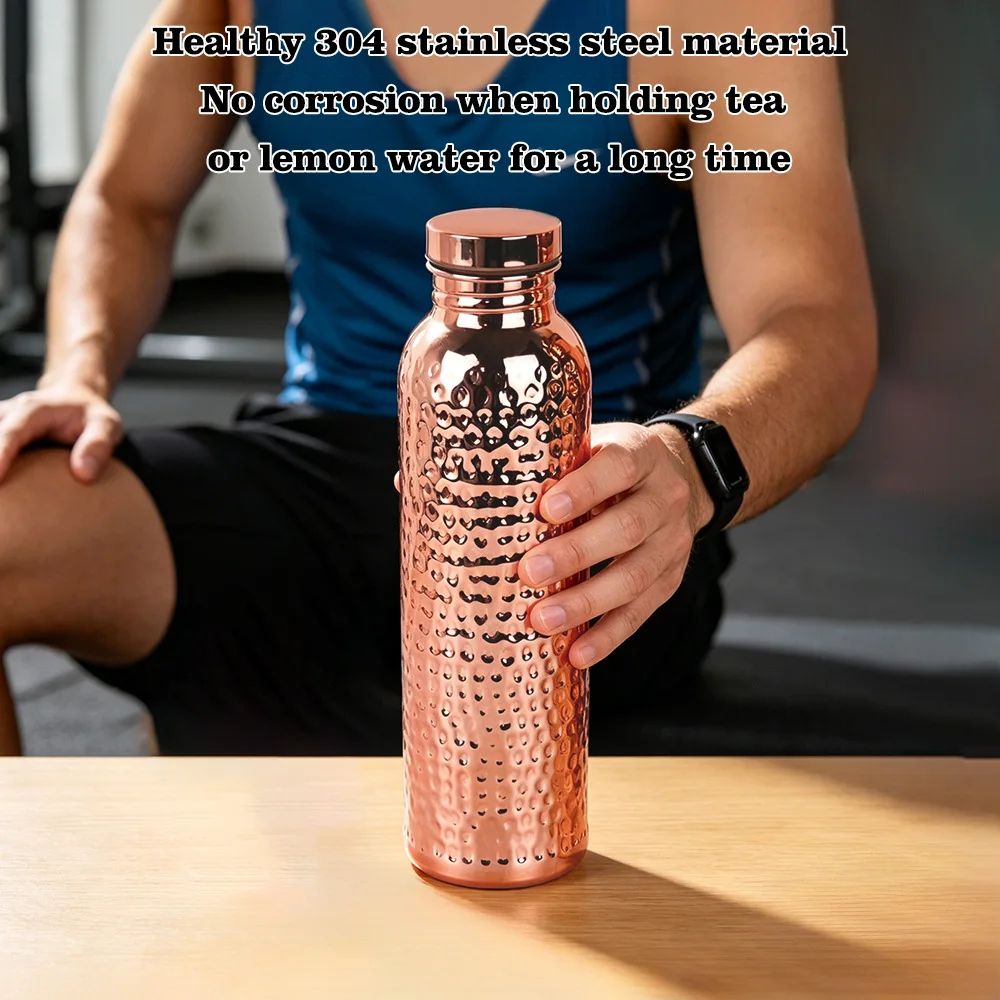 Hammered 304 Steel Sports Water Bottle, Large Capacity Single Wall Canteen with Canvas Bag & Straw Set