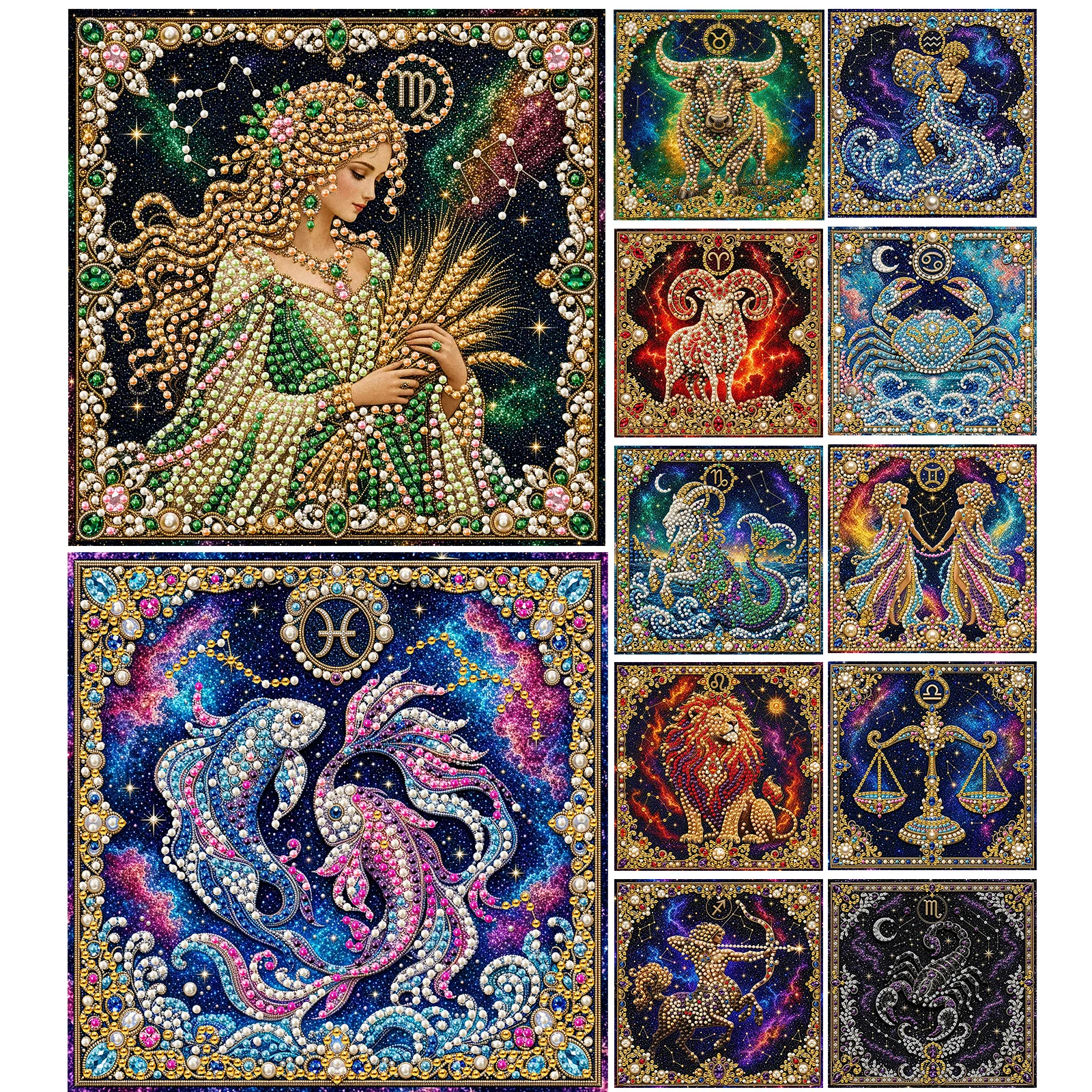 Self-Adhesive DIY Pearl Painting Kit 12 Zodiac Signs Framed Canvas 3D Bead Dot Art Wall Decor