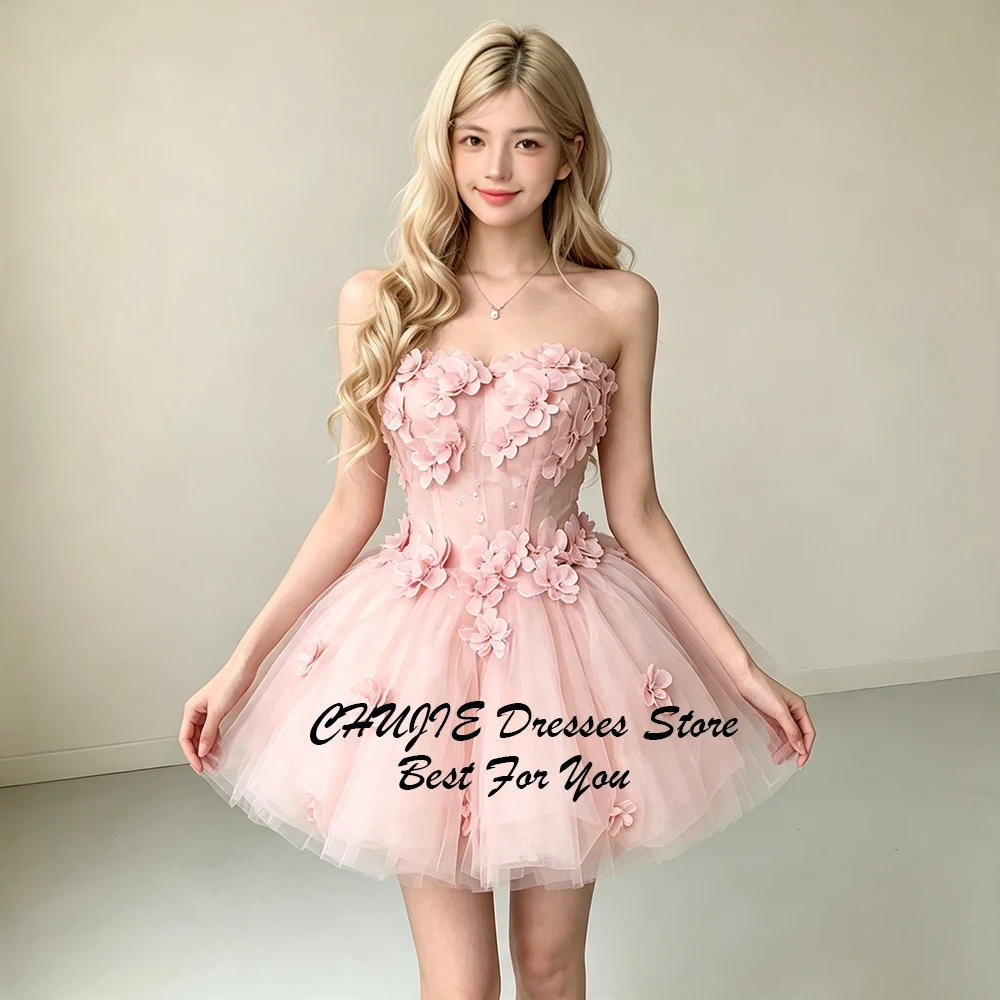Flowers Soft Pink Homecoming Dresses Mini Back To School Dress Strapless Graduation Dress Evening Prom Party Gowns Customized