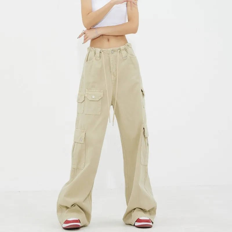 

WCFCX STUDIO Y2K High Street Vintage Jeans Women Harajuku Wide Leg Fashion Cargo Pants Green Baggy Pocket Patchwork Trousers