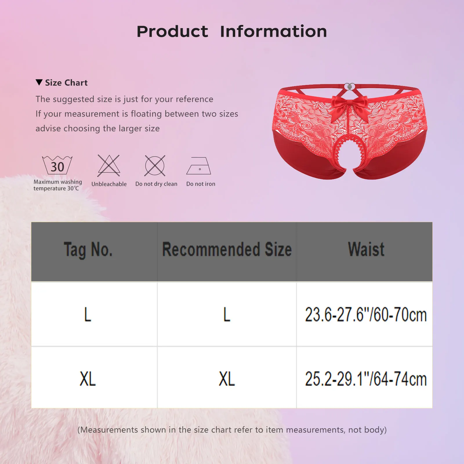 Men's Floral Lace Closed/Opened Crotch Lingerie with Bow Size Chart