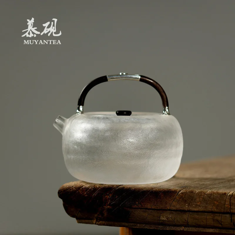 Mu Yan Japanese-Style Water-Boiling With Handle, Natural Teapot On A Stone Base, Silver-Coated Wooden Handle Water Kettle, Rock
