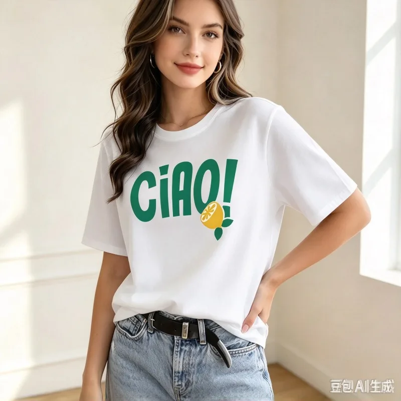 Women CIAO Graphic T-Shirt Green Letter Lemon Print Top Modal Casual Italian Summer Holiday Gift Daily Shirt