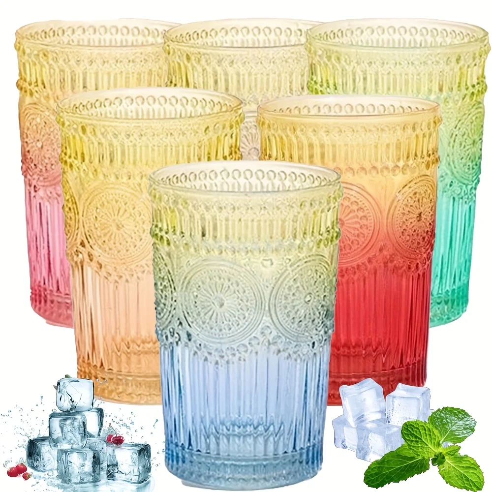 

Collection of 6 Retro Drinking Glasses, 14 Oz Colorful Tumblers with Embossed Designs, Suitable for Water, Drinks, Juice, Beer,