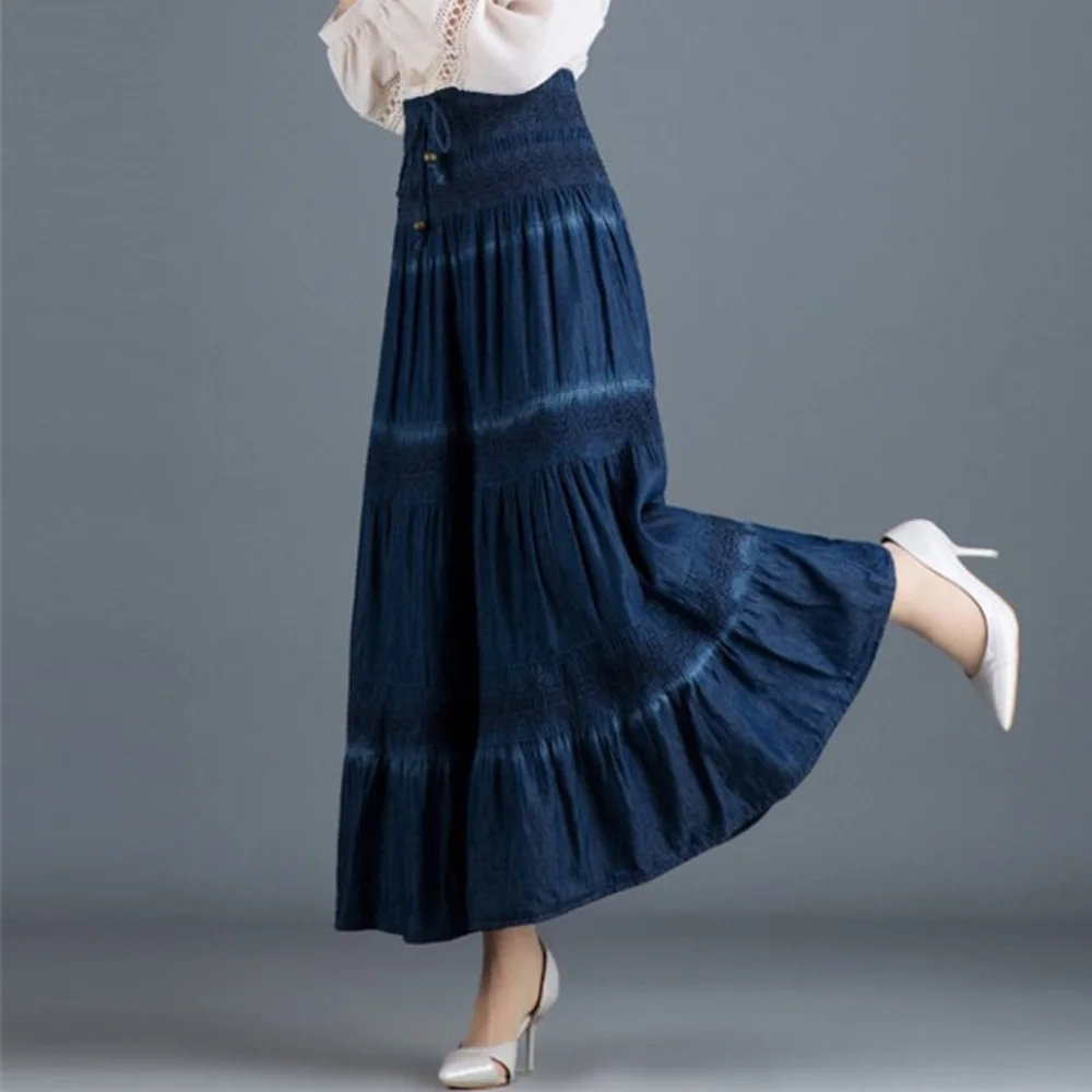 Jeans Skirts Women\'s Denim Maxi  Elastic High Waist Party Solid 2022 Long Summer Skirt Pleated Jupe Vintage Femininas Ropa Mujer