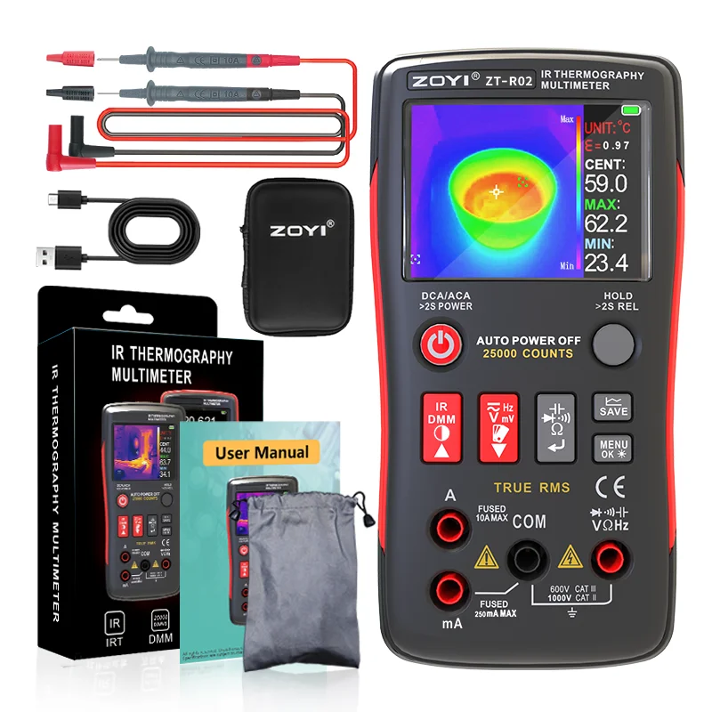 ZOYI ZT- R02 مقياس متعدد للتصوير الحراري 2 في 1 شاشة ملونة مقياس رقمي احترافي مع كاميرا تعمل بالأشعة تحت الحمراء، دقة 240