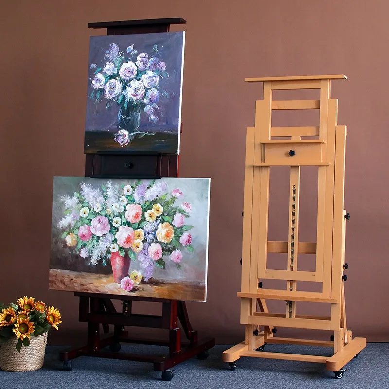 Home Beech easel for art students Log color Walnut multi-functional flat dual-purpose liftable floor easel