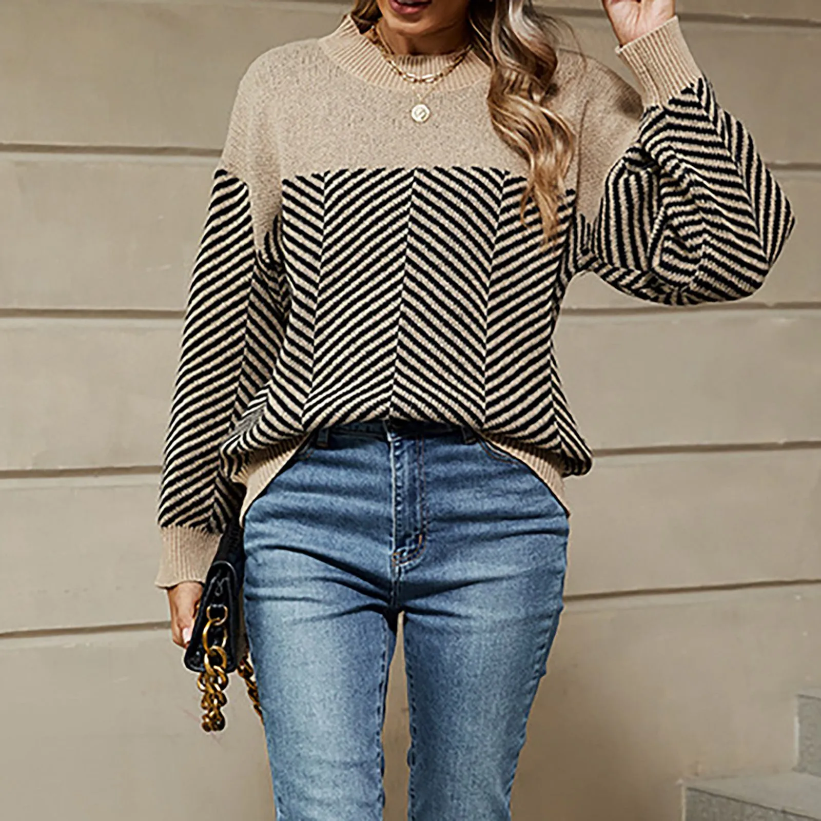 

Vintage Long-sleeved Ladies Casual Crew Neck Matching Striped Pullover Sweater Comfort Female Sweatshirt Womans 2024 Trend