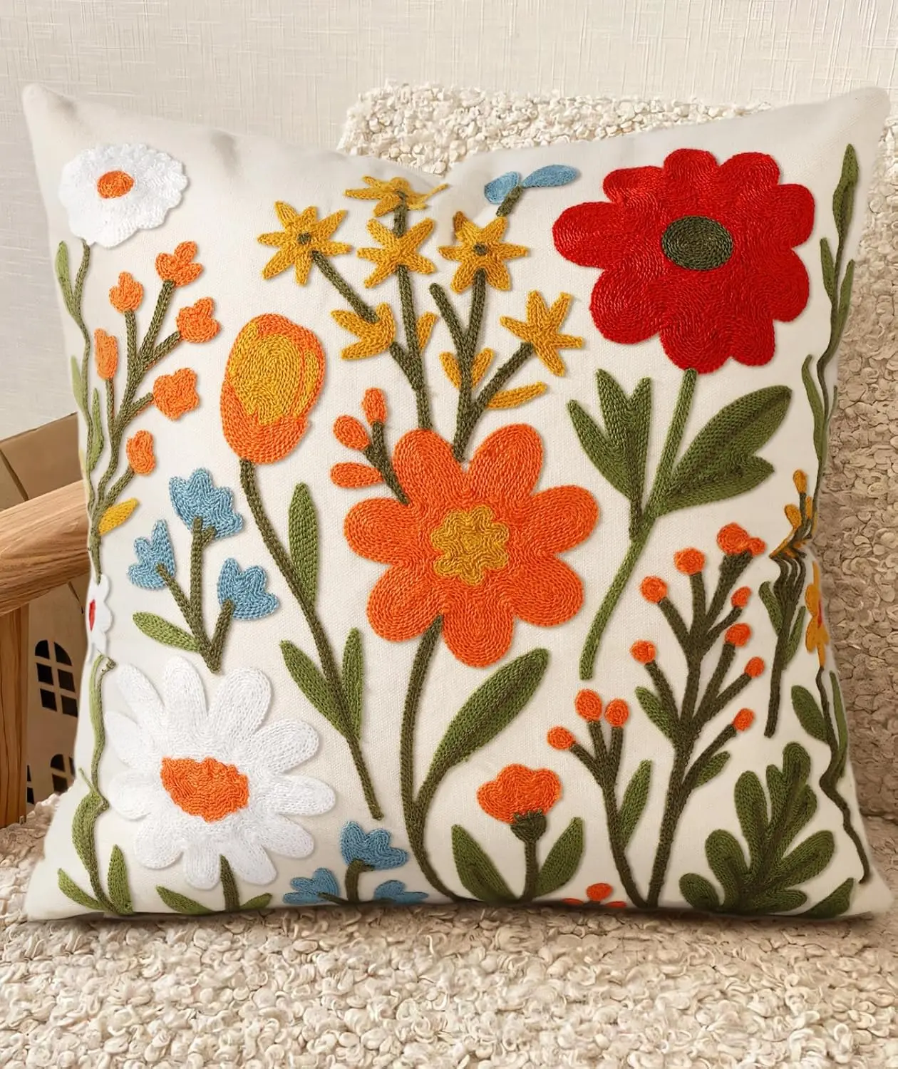 Faux Embroidery Floral Print Double Sided Throw Pillow Cover Aesthetic Flower Cluster Decorative Case for Couch Sofa and Bed