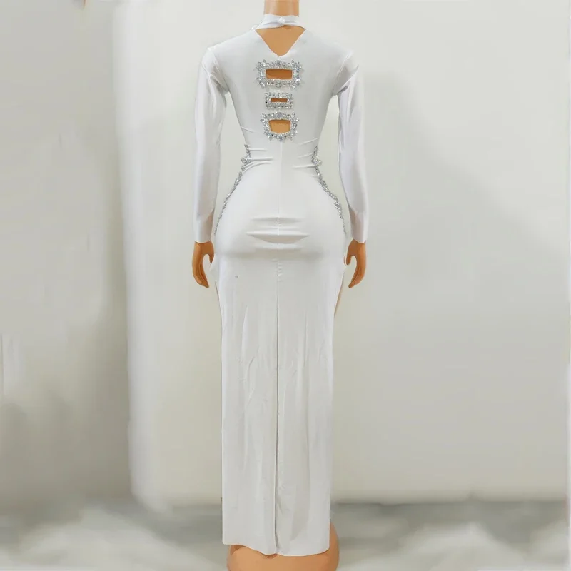 7 farben Lange Ärmel Strass Schlitz Kleid Frauen Ausschnitt Party Tanz Kleid Feiern Kostüm Bühne Festival Outfit XS6444