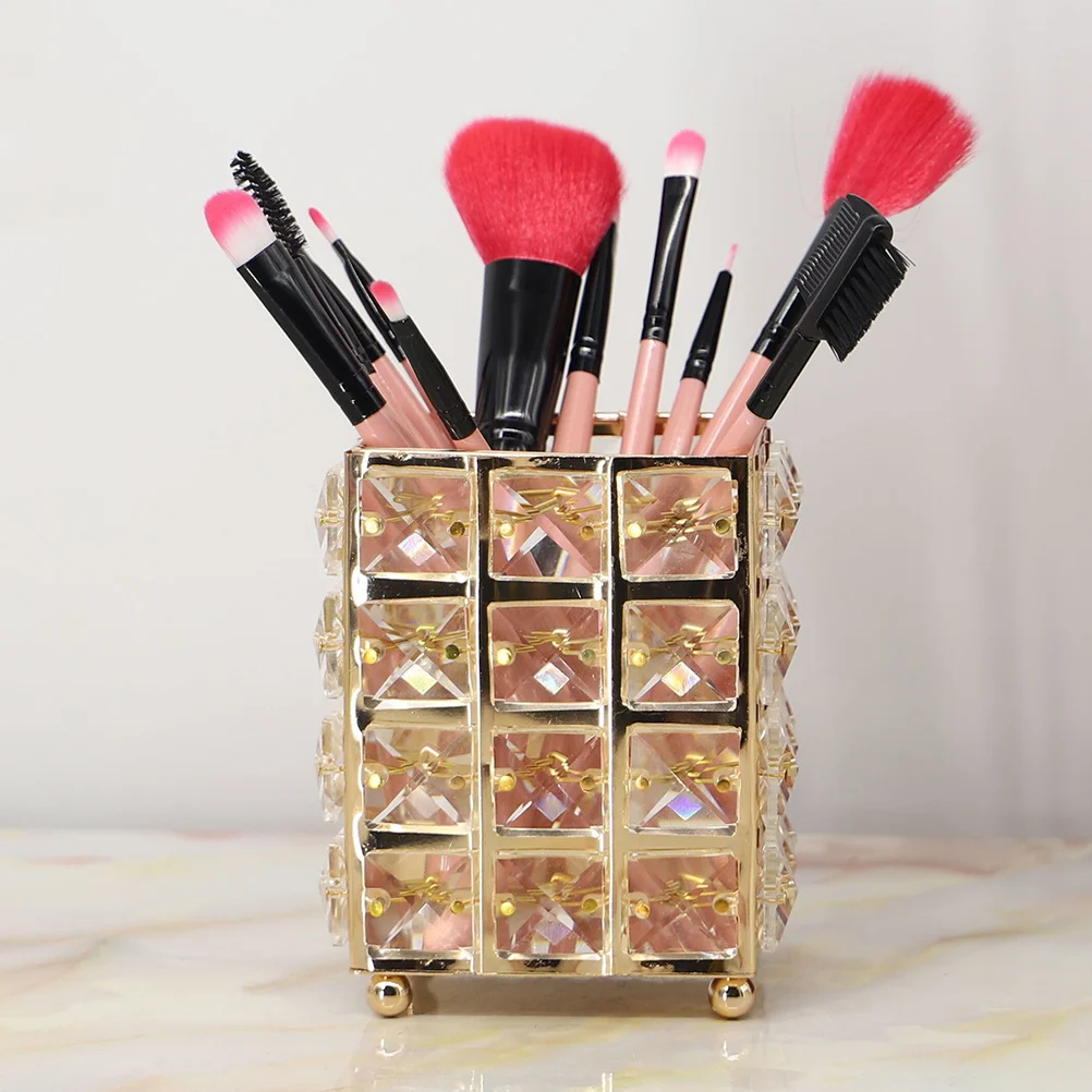 

Golden Crystal Pen Pencil Holder Makeup Brush Pot Desktop Organizer Long Lasting Modern Style Brush Container