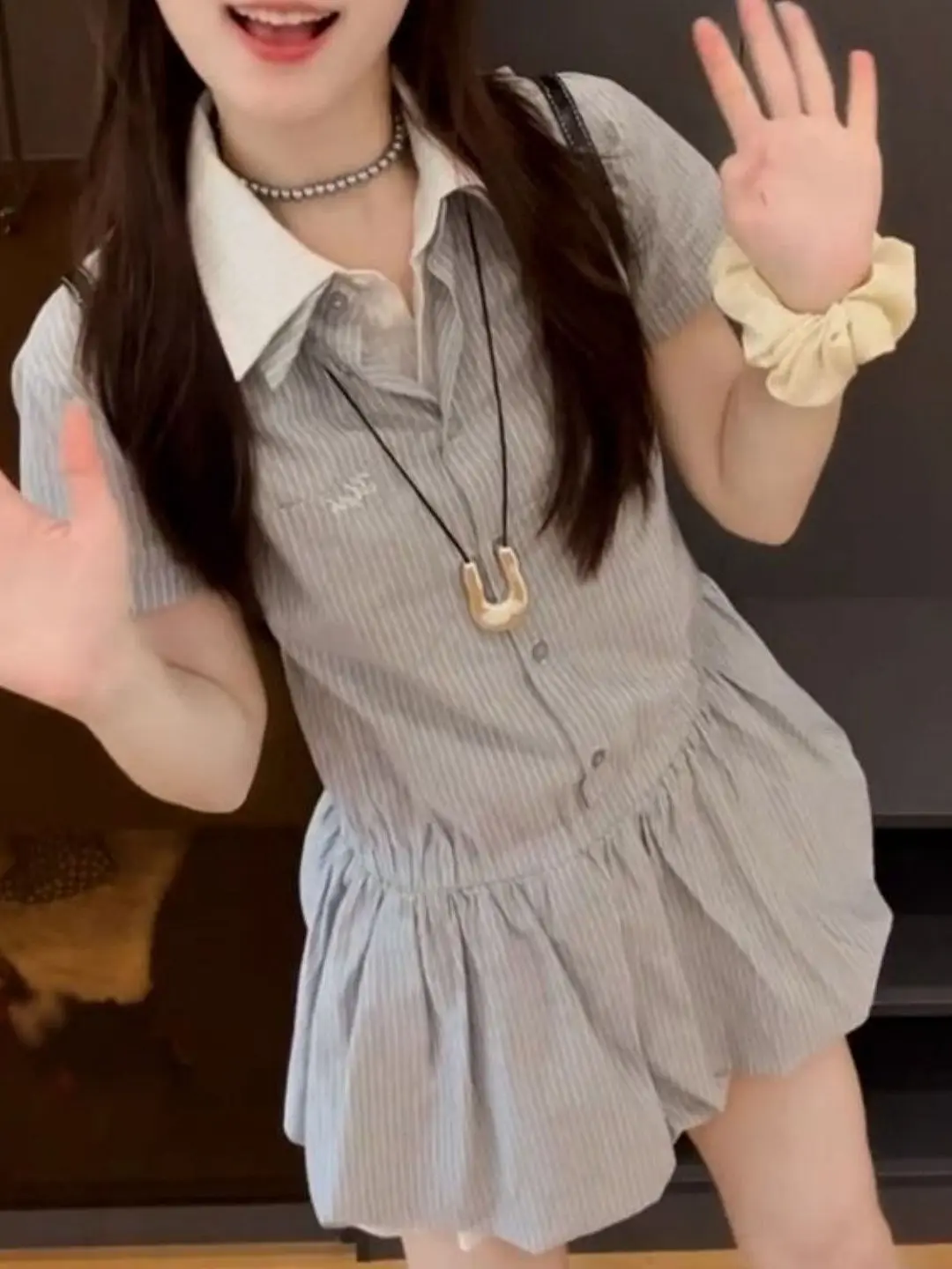 

Casual Grey Polka Dot Short Dress Women's Summer Waist Cinching Flower Bud Skirt Style Fashion Set Single Piece