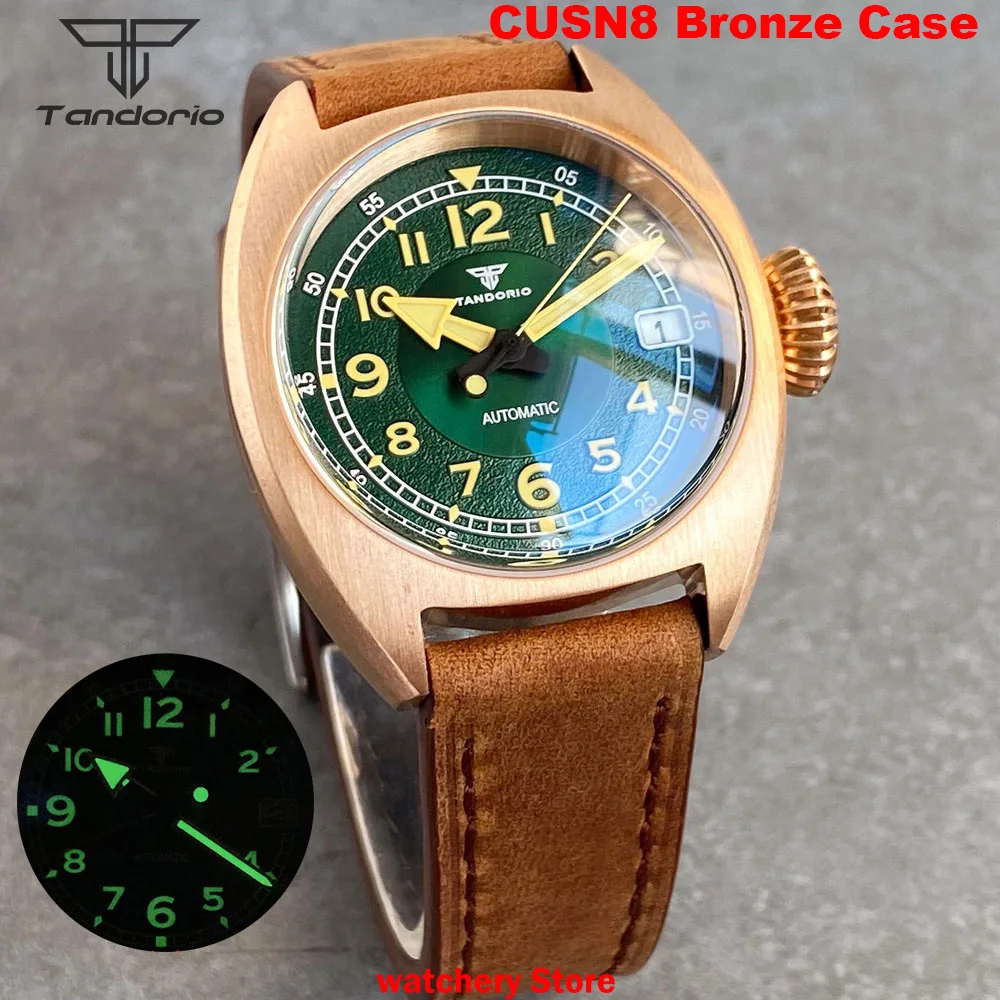 

CUSN8 Bronze/Titanium Green Dial Pilot Watch Field Observation Replica Watch Luminous Personality Retro Leather Men's Wristwatch