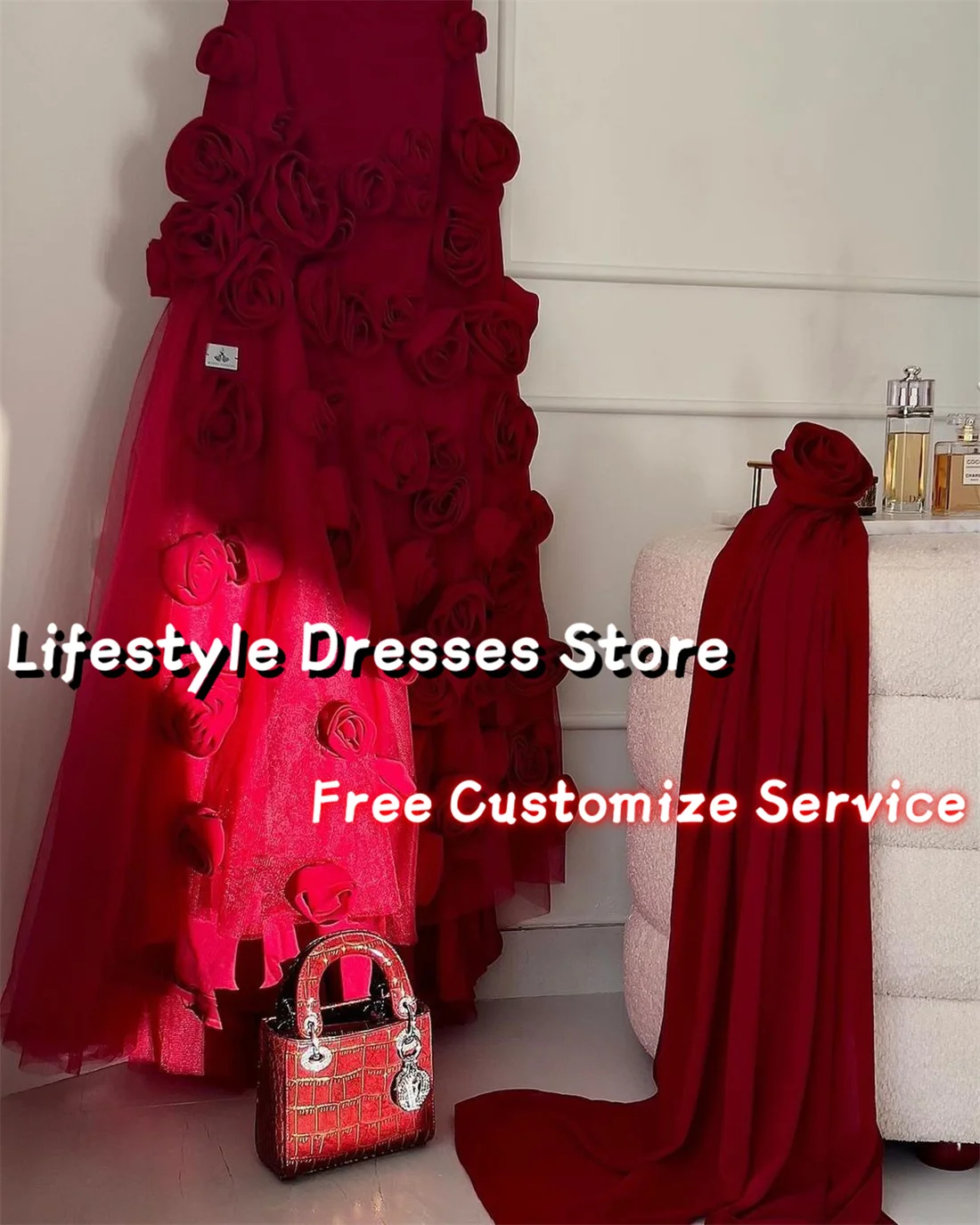 Customized Burgundy 3D Flowers Evening Dresses With Shawl Arabia Handmade Prom Dresses Wedding Formal Party Gown