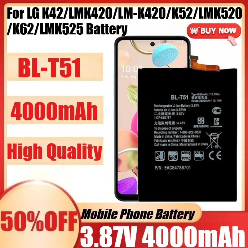 

Новый высококачественный аккумулятор BL-T51 для LG K42/LMK420/LM-K420/K52/LMK520/K62/LMK525, сменный аккумулятор + инструменты