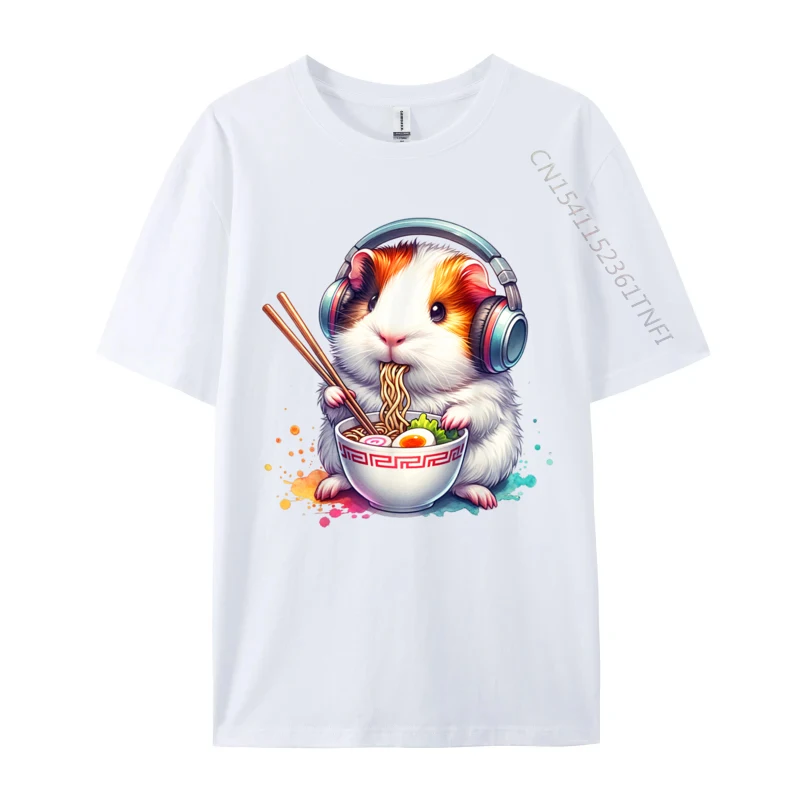 Funny Guinea Pig Listening To Music And Eating Ramen. Ramen 2024 New Fashion Custom T-shirts Premium Cotton Tops T Shirt for Men