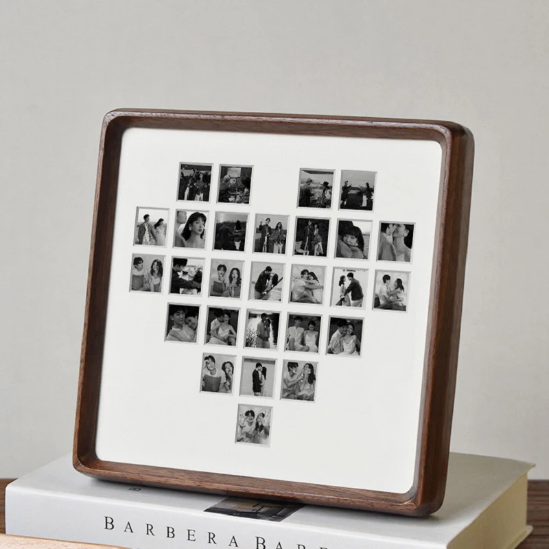 DIY Heart-Shaped Photo Frame Multi-Grid Solid Wood Frame for Couples, Ideal for Home Display or Wall Hanging Home Decor