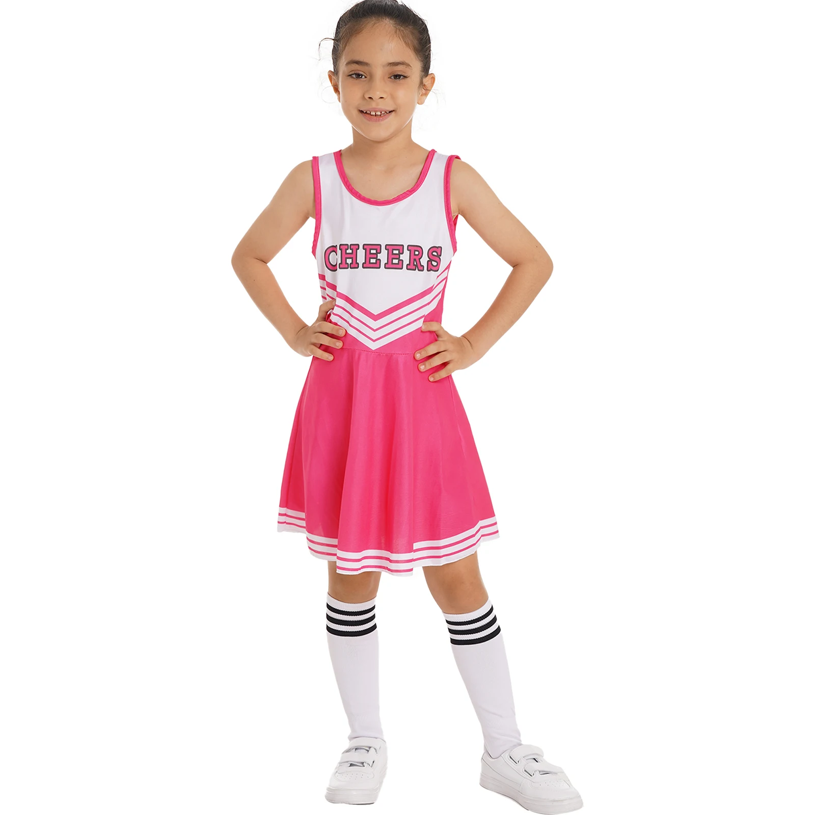 Kids Girls Cheerleader Costume Schoolgirls Child Cheer Dance Costume Outfit Sleeveless Dress+Cheerleading Flower+Socks Set 2024