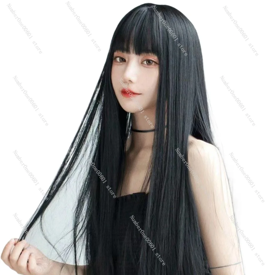 Wig, Women's Air Bangs, Long Straight Hair, Natural Full Head Cover, Mesh Style, Face Repair, Black