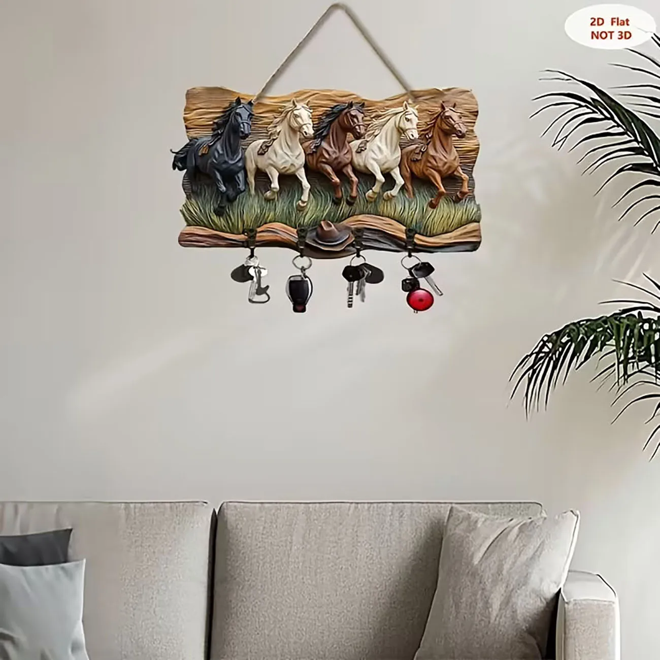 2D flat key holder with five running horses print, four hooks, western style hanging wall decor for entryway.