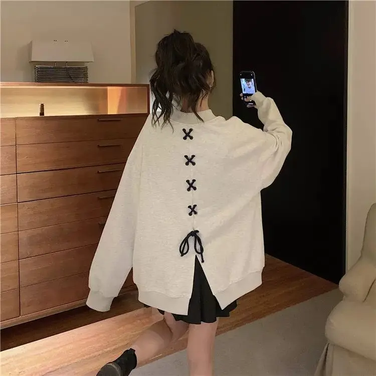 

Sweatshirts Hoodie Women Letter Round Neck Lacing Design Teens Sporty Cool Girlish Spring New Arrival Loose Cozy Fashion