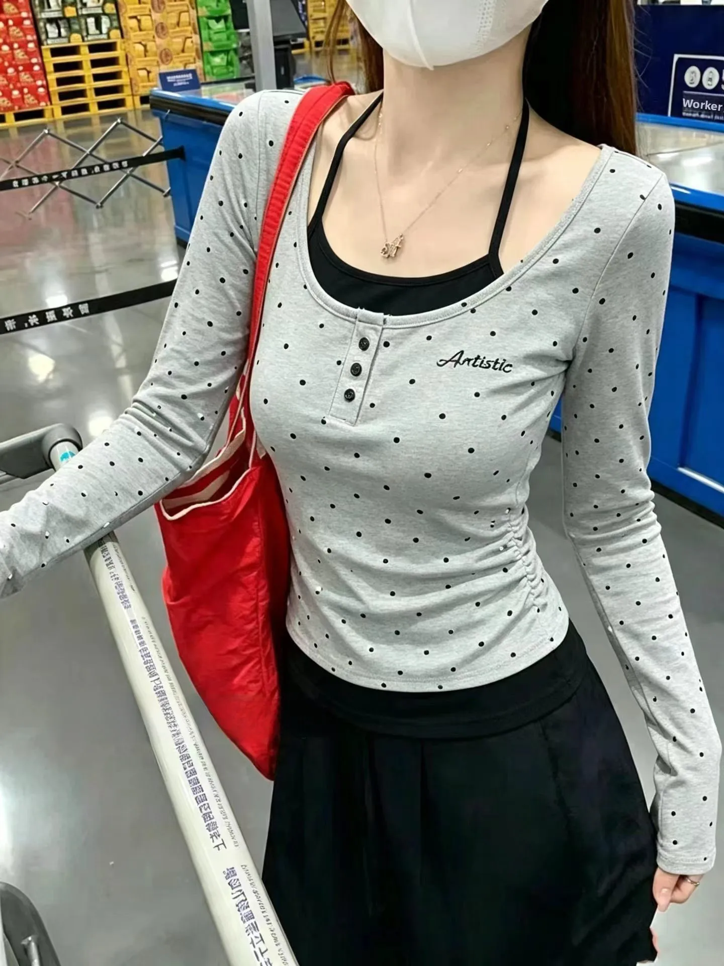 Unique Polka Dot Halftone Sweet And Spicy Girl Long Sleeve T Shirt Summer 2026 Korean Style Slim Fit Cotton Comfortable Breat...