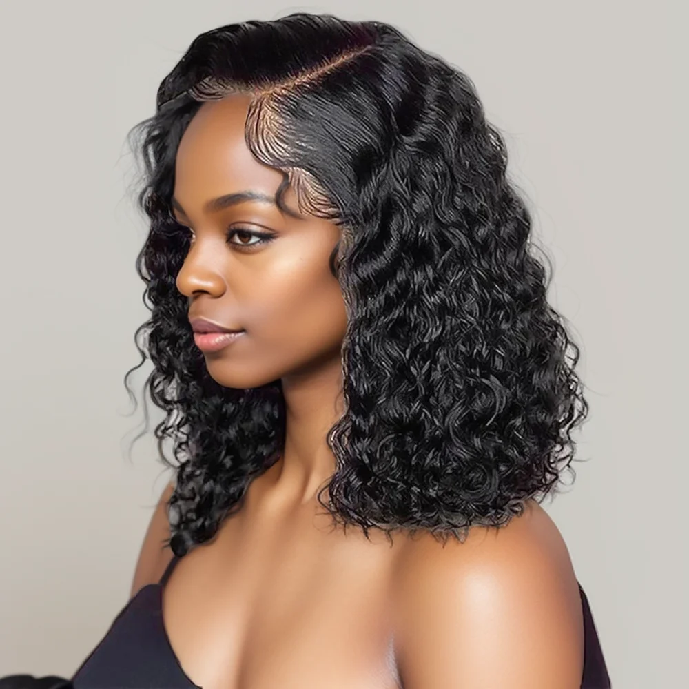 Bob Lace Wig Black Curly For Women Deep Water Curly Wave Human Hair Wigs 100% Remy Natural Hair Short Lace Frontal T Part Wig