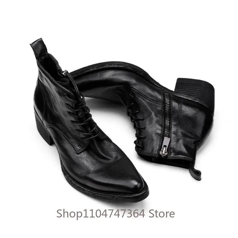 Designer Luxury High Heel Lace Up Pointed Toe Horsehide Chelsea Boots Men Shoes Genuine Leather Casual Business Work Boots Male