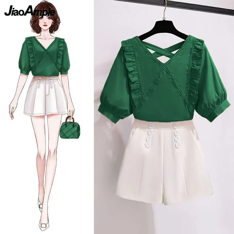 

Korean Elegant Suit Women Summer Casual Top Shorts Set 2024 New Fashion Slim Short Sleeve Blouse Pants Two Piece Female Clothing