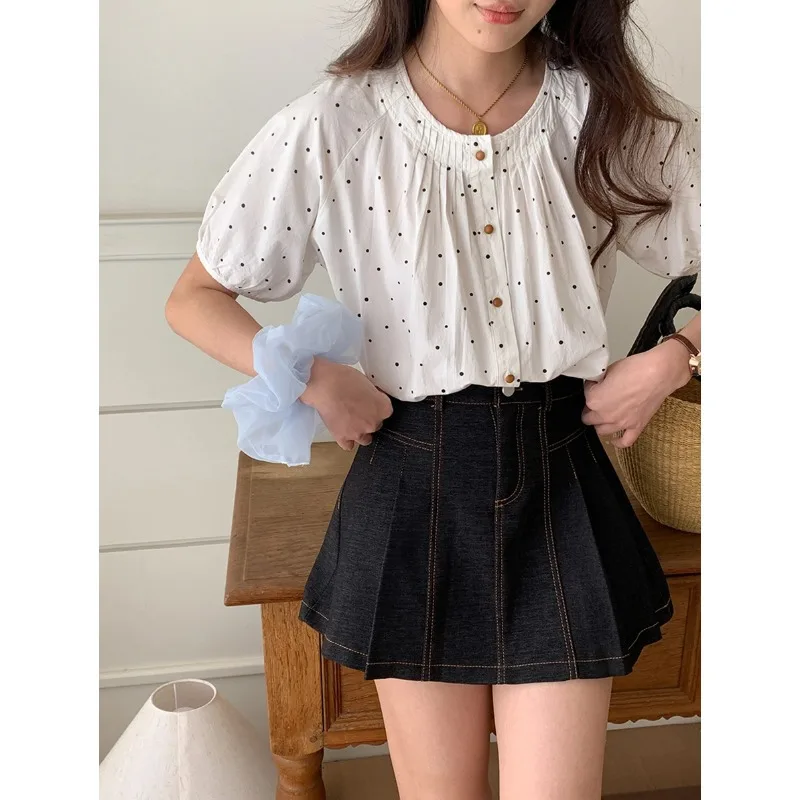 White Tiny Black Polka Dot Blouse Women Round Neck Gathered Front Puff Short Sleeve Button Down Casual Shirt