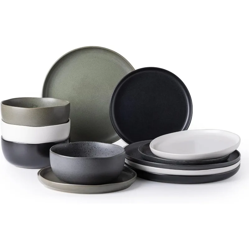 Imagem -06 - Wavy Rim Ceramic Dinnerware Sets Pratos de Grés e Tigelas Grupo Lava-louças Microondas Forno Seguro Serviço para 12 Pcs