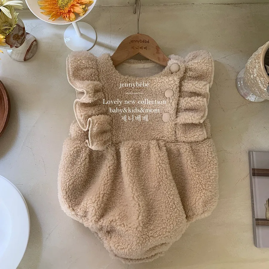 Baby Clothing 2023 Winter Korean Style Baby Lamb Wool Romper Cute Warm Flying Sleeve Warm Casual Simple Onesie for Baby Girls