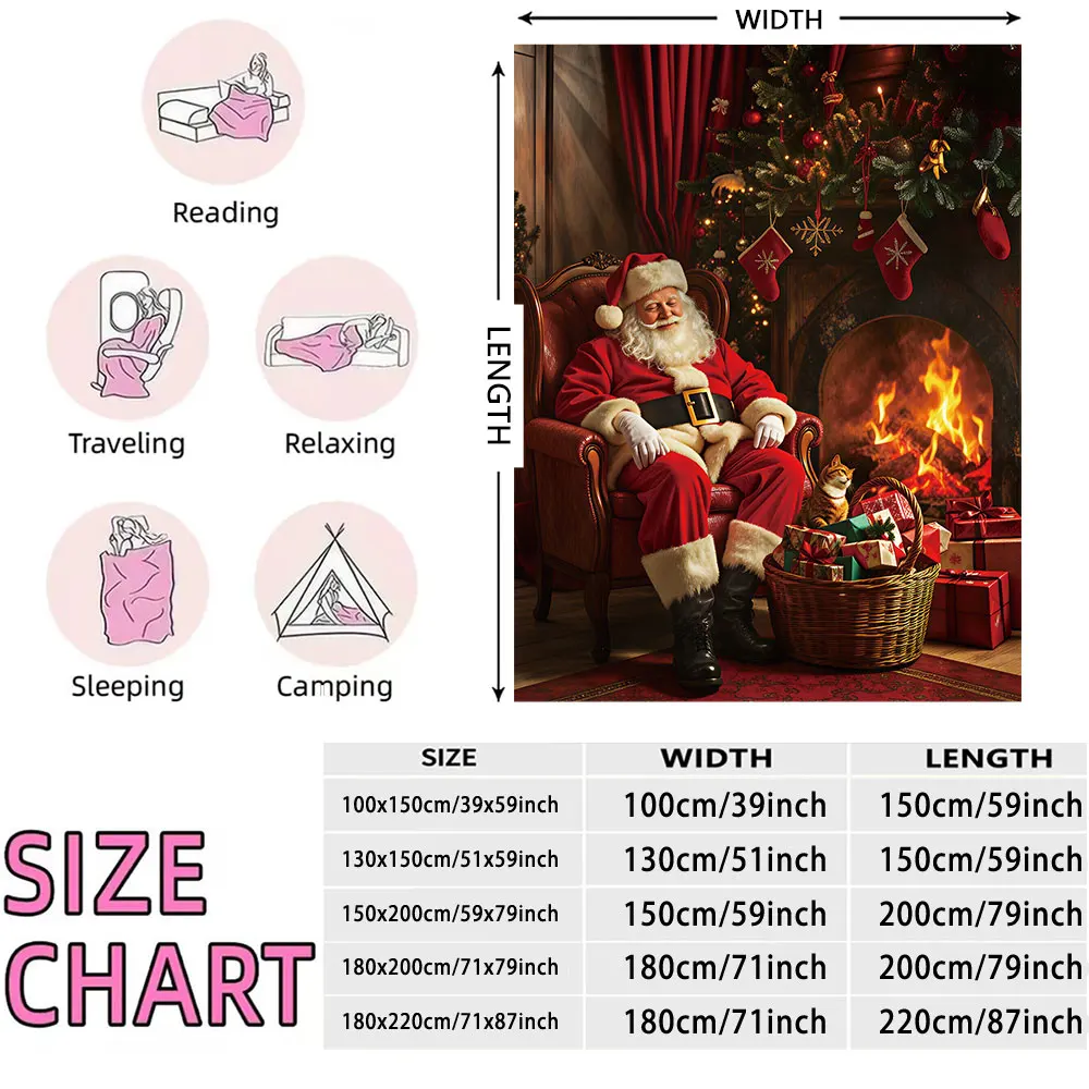 230g Flannel Fleece Blanket Christmas Santa Claus Fireplace Pattern Soft Warm Cozy Winter Blanket for Christmas Gift