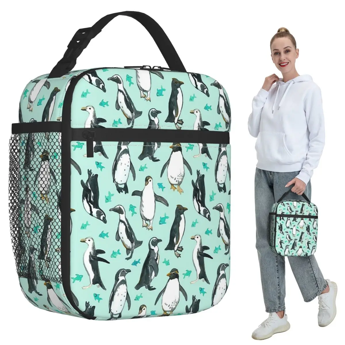 Lots Of Little Penguins On Mint Insulated Lunch Bag for Women Office Cooler Thermal Food Box Tote Portable Lunch Boxes Container
