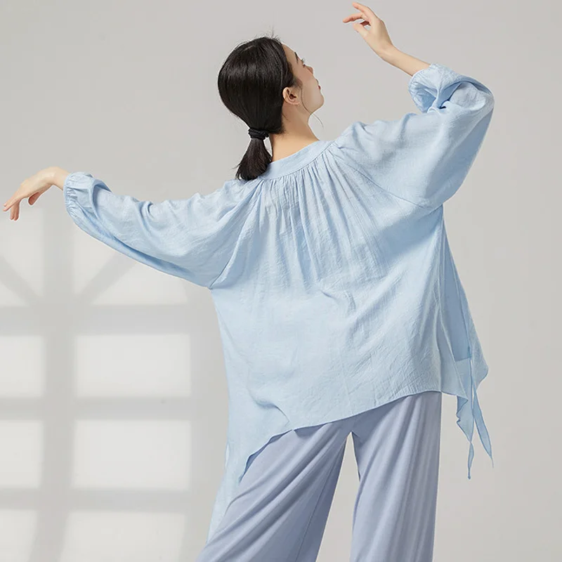 Damska koszula do tańca nowoczesnego Luźne bufiaste rękawy Oddychający dekolt w serek Narzutka do jogi Rayon Miękki Klasyczny strój do treningu tanecznej dla dorosłych