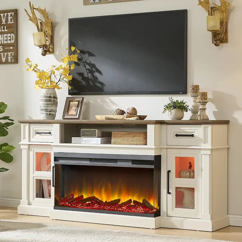 3-Side Fireplace TV Stand for up to 80 Inch TV LED Entertainment Center with 36 Inch Electric Fireplace Farmhouse TV Console