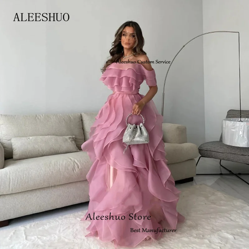 Aleeshuo muslimische elegante Organza Ballkleider ärmellose Abendkleider saudi-arabische Rüschen von der Schulter Party Robe de Soirée