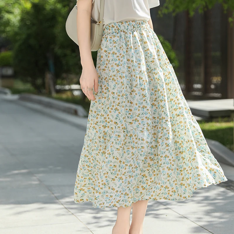 Französische Chiffon-Blumenröcke für Damen, Sommer, hohe Taille, drapiert, modischer Faltenrock in der langen A-förmigen großen Schaukel-Regenschirmrock