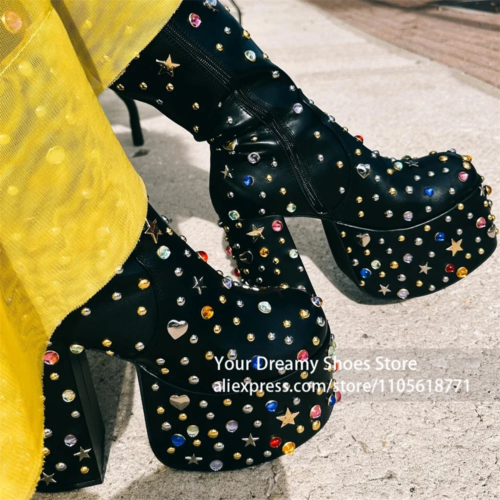 High Thick Platform Sole Ankle Boots Square Block Chunky High Heel Colorful Rhinestone Star Heart Gem Ornaments Platform Boots