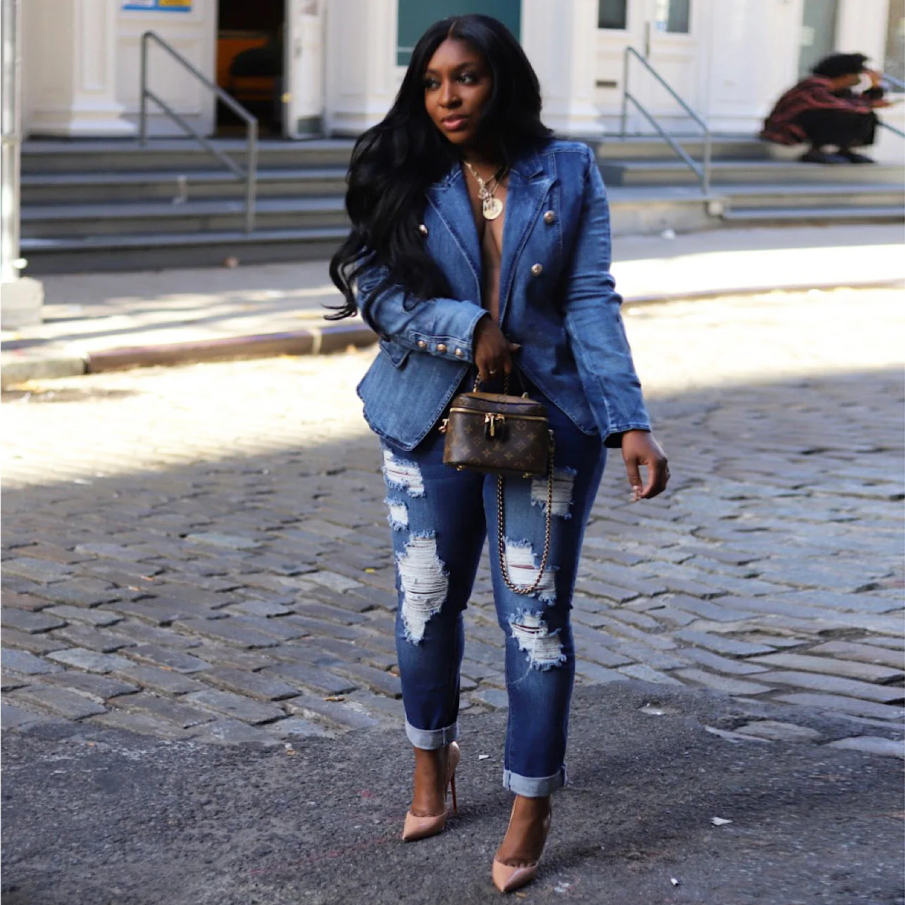 

CPSYMYM Slim-fit Denim Coats Jackets Women Long Sleeve V-neck Double-breasted Lion-buckle Denim Suit Jacket Outwear