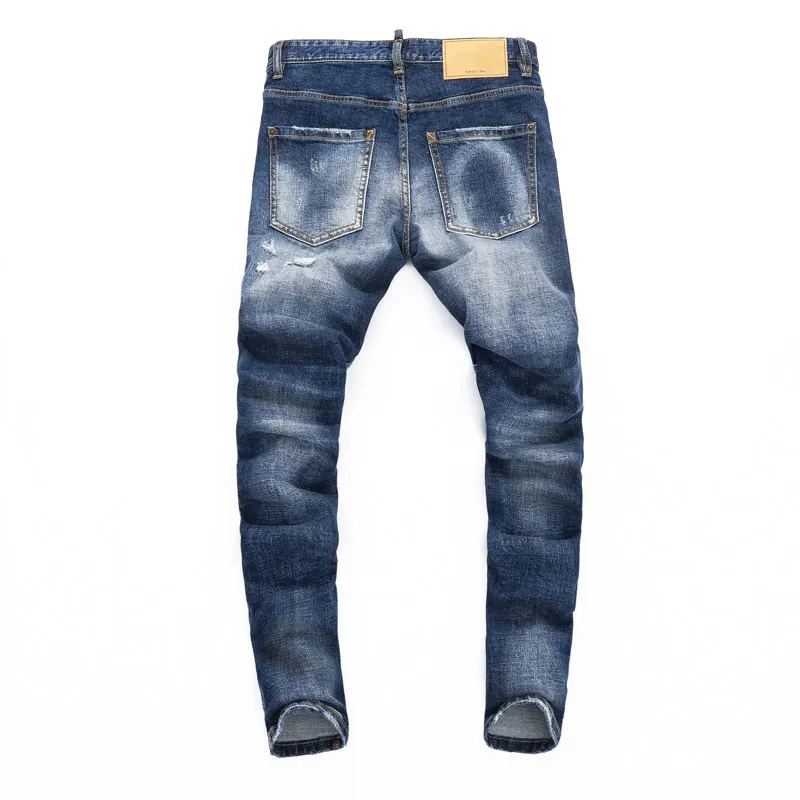 High Street Fashion Men Jeans Retro Blue Stretch Elastic Skinny Fit Patched Ripped Jeans Men Vintage Designer Brand Pants Hombre
