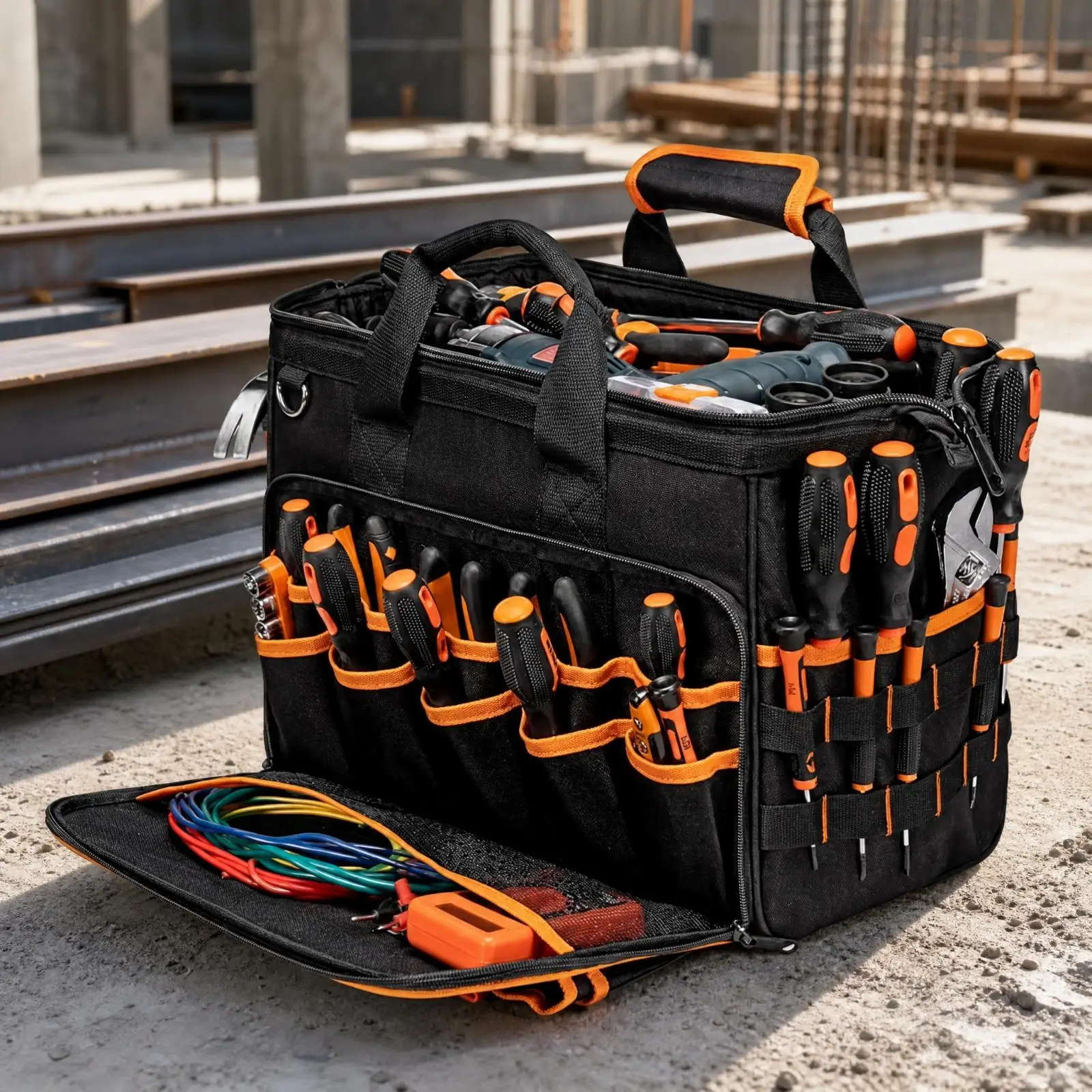 Heavy Duty Work Bag with Orange Trim and Multiple Pockets for Tools and Supplies for Job Site Portability