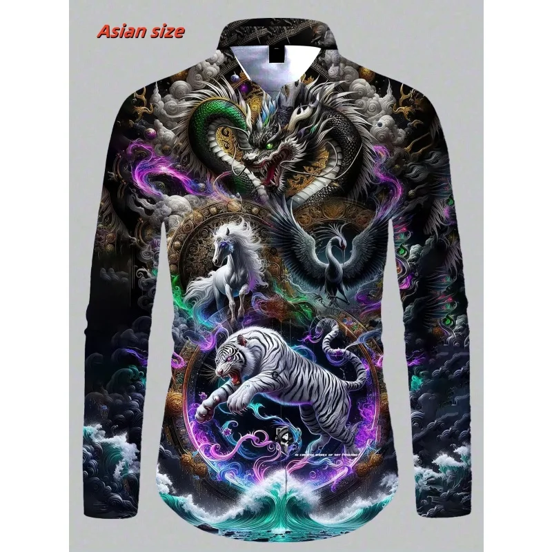 

Cool Dragon Bull Pattern Hawaiian Shirts For Men Fun Cat 3D Printed Blouse Spring Autumn Casual Loose Long Sleeves Shirts