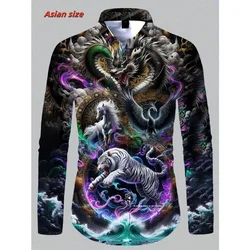 Cool Dragon Bull 패턴 남성용 하와이 셔츠 Fun Cat 3D 프린트 블라우스 봄 가을 캐주얼 루즈 긴팔 셔츠