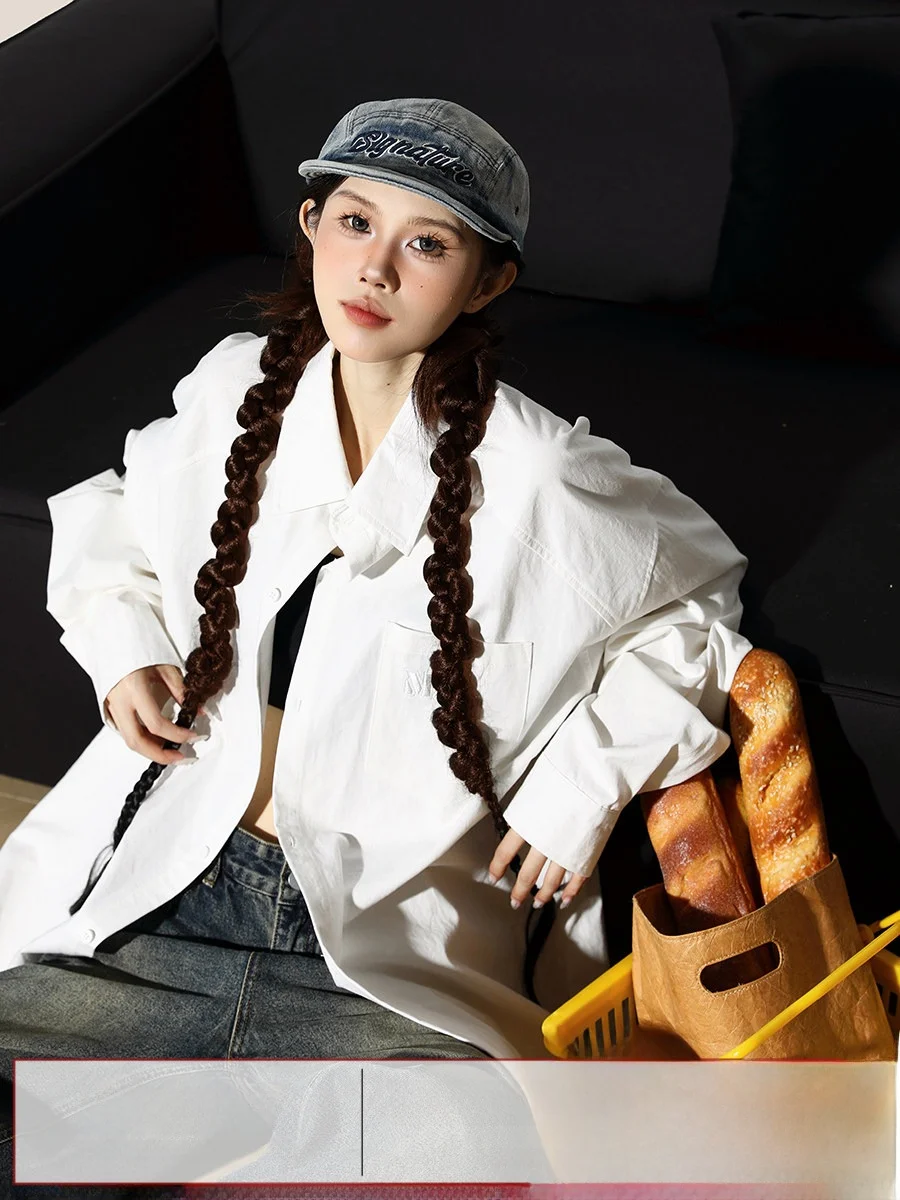 

Casual American Sle Long Sve irt Women's Spring Autumn Flip Collar Cotton Streetwear Loose Fit Pure Color Button down