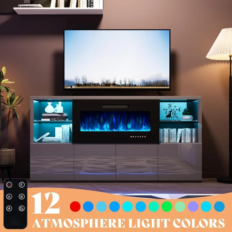 

Modern High Gloss 68" Fireplace TV Stand, Fireplace Entertainment Center with Fireplace & LED Lights for TVs up to 78", Large