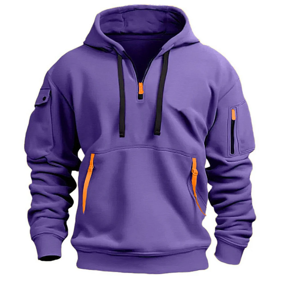 Tactical Hoodies for Men Jacket Clothes Sweatshirt Solid Color Zipper Neck Multi Pockets Male Hooded Jackets Thick Outdoor Top