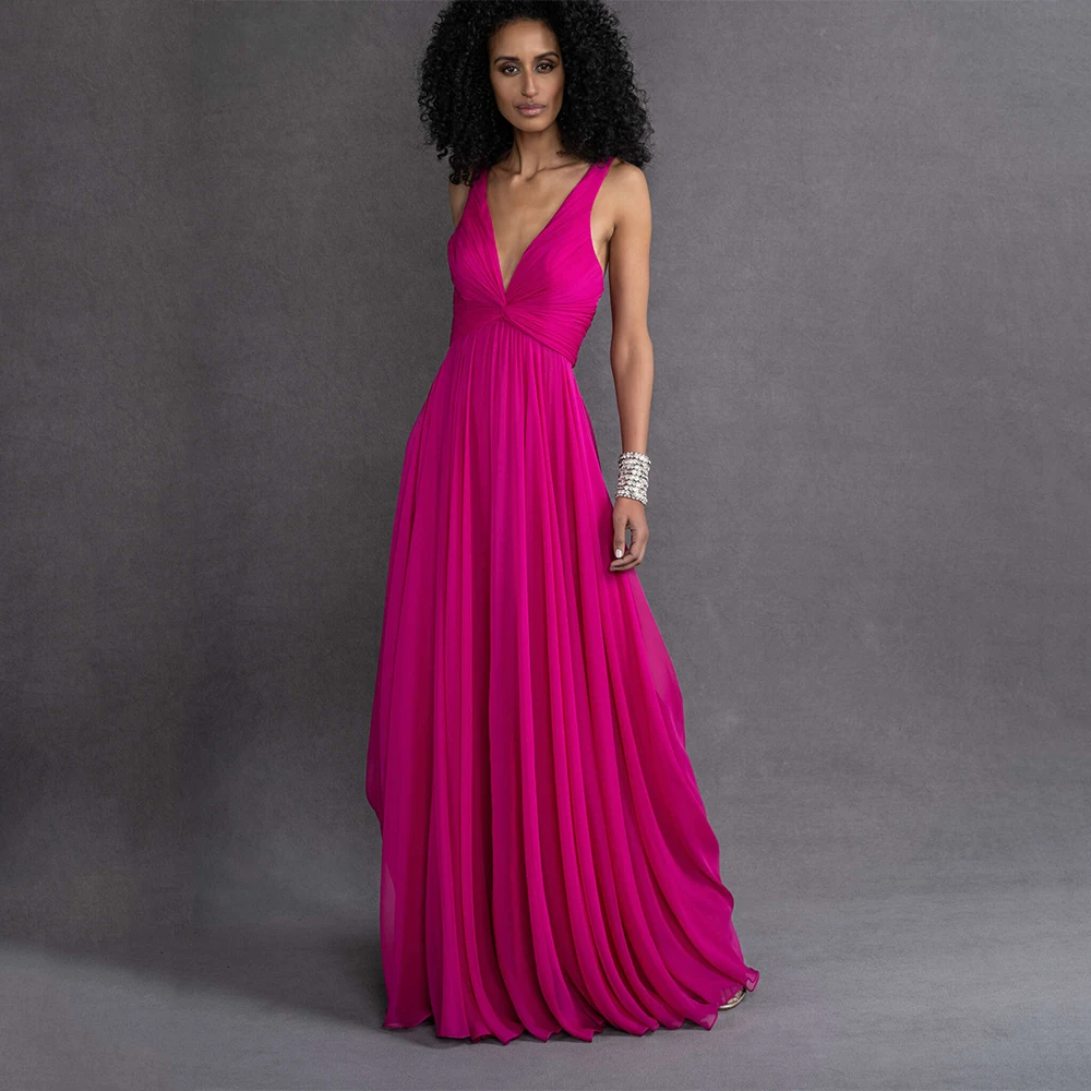 

Elegant Evening Dress Chiffon A Line V Neck Sleeveless Simple Evening Gowns for Women Floor Length Pleated Wedding Guest Dresses